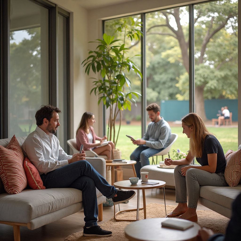 Parents relaxing in adult lounge area while watching children play